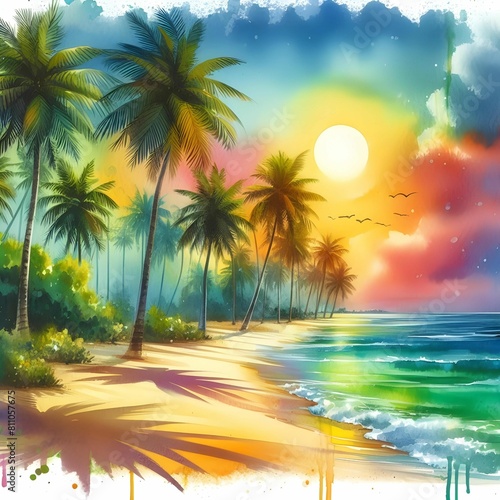 Vibrant  tropical beach  dotted with palm trees  watercolor painting