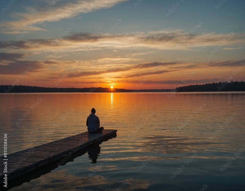 A colorful sunrise over a tranquil lake, with the silhouette of a person with MS engaging in mindfulness meditation on a pier, promoting mental well-being and inner peace.
