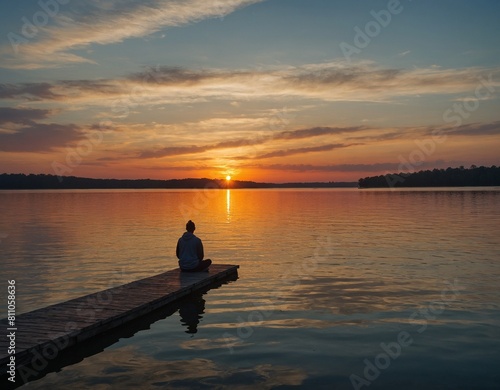 A colorful sunrise over a tranquil lake, with the silhouette of a person with MS engaging in mindfulness meditation on a pier, promoting mental well-being and inner peace. 