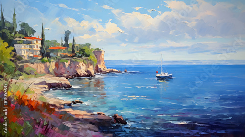 cliff by the sea ships in the distance landscape oil painting abstract decorative painting