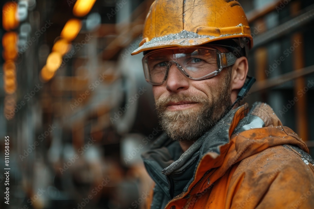 A focused worker wearing a safety helmet and goggles at a construction site splattered with dust A focused worker wearing a safety helmet and goggles at a construction site splattered with dust