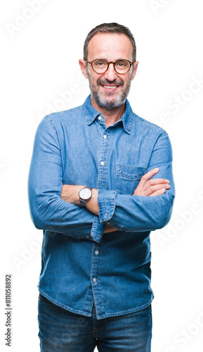Middle age hoary senior man wearing glasses over isolated background happy face smiling with crossed arms looking at the camera. Positive person.