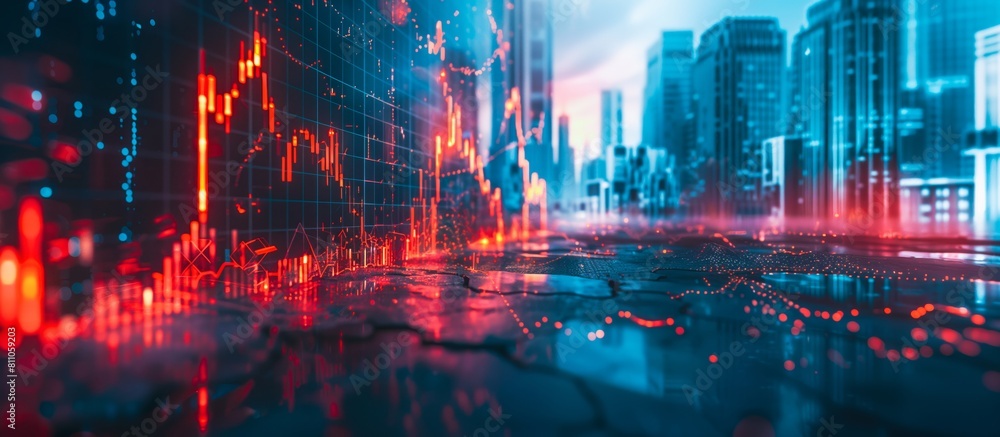 Digital stock market background with financial charts and graphs on the street of a big city, using blue and red colors, copy space Digital stock market background with financial charts and graphs on the street of a big city, using blue and red colors, copy space