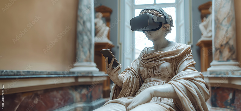 Classical sculpture of in VR headset. Concept futurism, innovation, new technology and art.