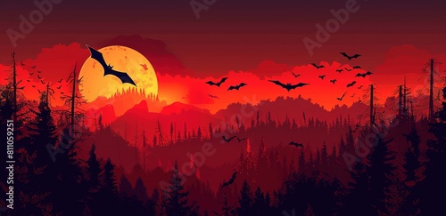 Dark red sky with dark clouds and flying bats, silhouettes of mountains and forests in the background. © Viktor