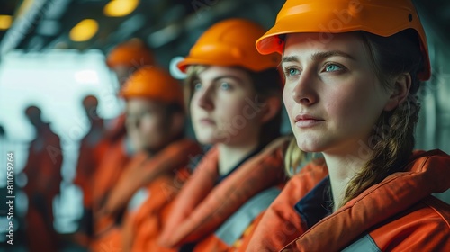 Various crew members from different departments, life jackets, ocean liner background