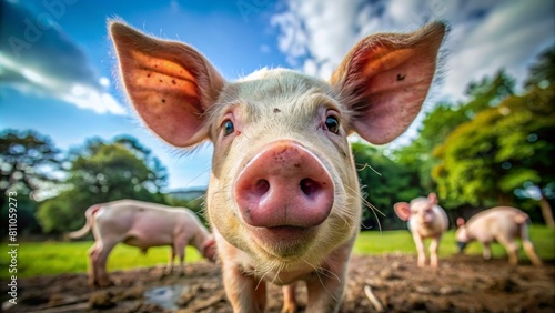 "Curious Pig": A pig with an inquisitive expression, perhaps looking directly at the camera with its head tilted.