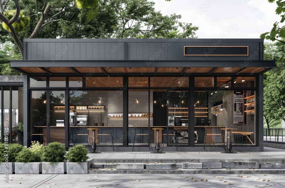 Modern coffee shop exterior, gray and black color scheme, large windows with industrial design elements