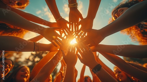Close-up group of people joining hands together as the sun rises or sunset