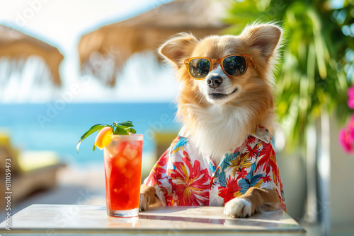 Chihuahua in cool shades and Hawaiian shirt, chilling at sunny beachfront bar with cocktail.