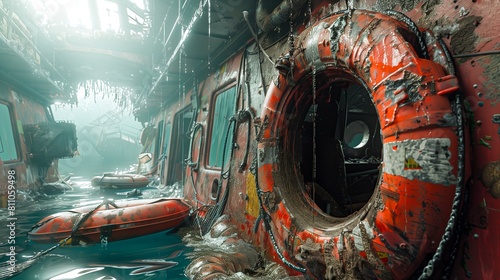 Abandoned submarine interior, with liferings and equipment floating around, rusty metal
