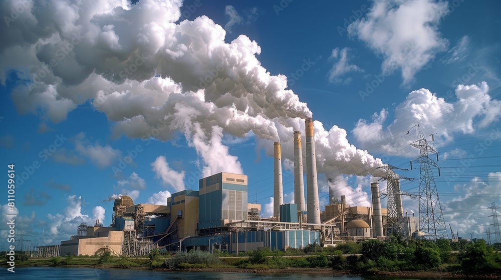 Coal power plant with towering smokestacks emitting plumes of smoke against a backdrop of blue skies and fluffy white clouds