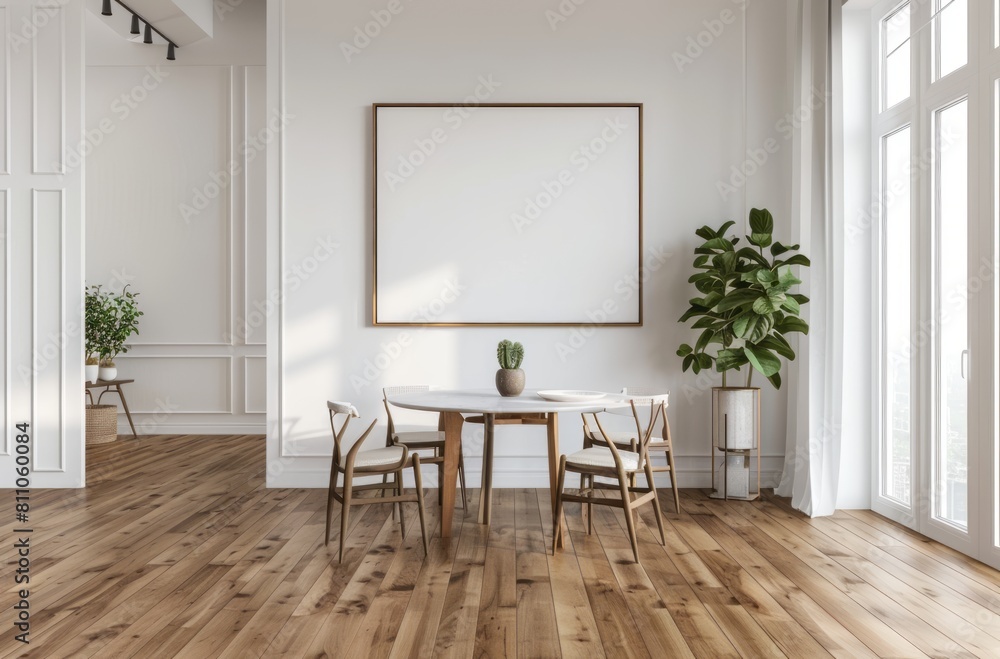 Modern dining room with white walls and a wooden floor, front view. The interior of the living space features minimalist furniture and large windows Modern dining room with white walls and a wooden floor, front view. The interior of the living space features minimalist furniture and large windows