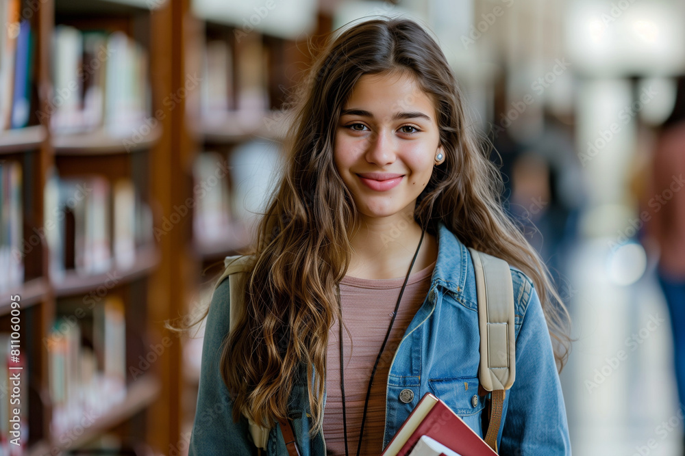 With books in hand, a smiling college girl student stands amidst the scholarly ambiance of the school library, her gaze fixed on the camera with confidence and enthusiasm, symboliz With books in hand, a smiling college girl student stands amidst the scholarly ambiance of the school library, her gaze fixed on the camera with confidence and enthusiasm, symboliz