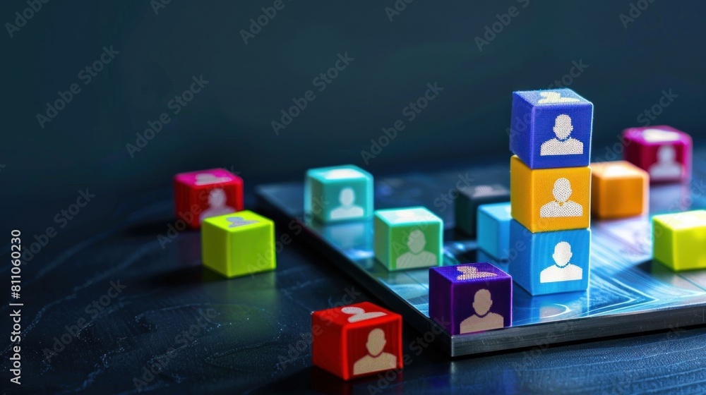 colorful blocks steel with people icons over steel table ,human resources and management concept, with dark background colorful blocks steel with people icons over steel table ,human resources and management concept, with dark background