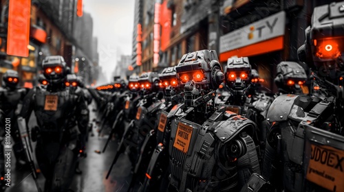 A group of riot police robots, a vision of the future world, dangers from technology photo