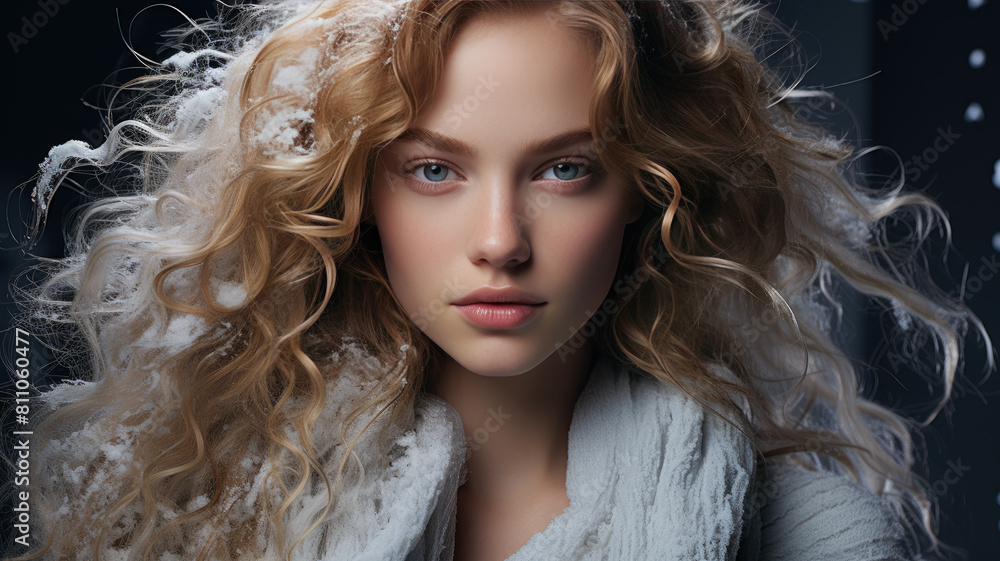 Winter Beauty Portrait, Young Woman With Snow-Covered Hair, Ethereal And Graceful, Ai Generated