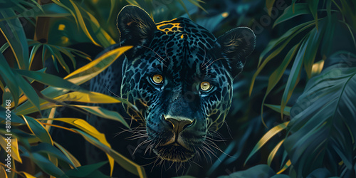 A painting of a black panther with blue eyes with green leaves in dark tropical forest 