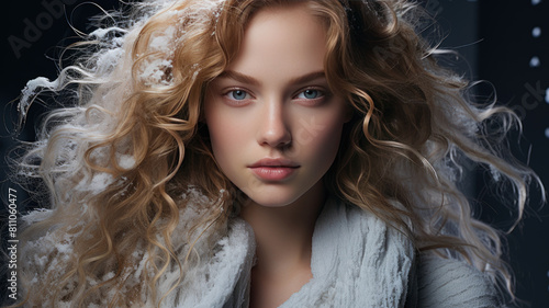 Winter Beauty Portrait, Young Woman With Snow-Covered Hair, Ethereal And Graceful, Ai Generated
