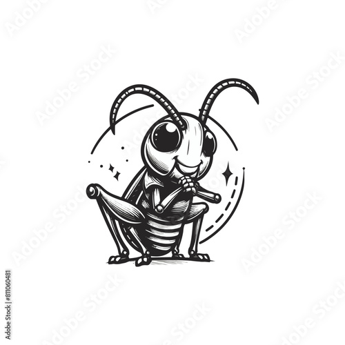 Grasshopper mantis logo, cricket insect icon in trendy minimal Geometric line linear style