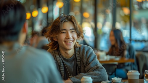 A young Japanese man with shoulderlength hair, wearing casual and smiling brightly while sitting at the table in front of his friends during an evening coffee date.