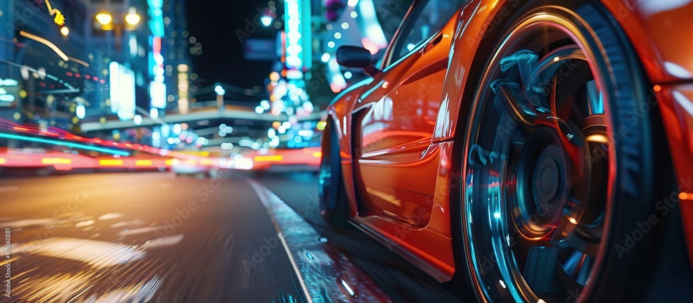 Close up view of sport car tires on road in city at night Motion blur, light trails.