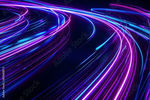 Dynamic neon lines intersecting in a symphony of blue and purple hues. Intriguing abstract art on black background.