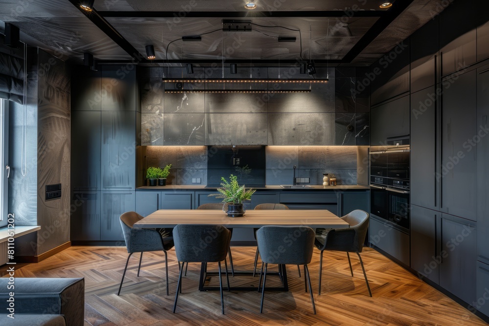 Modern interior design, kitchen with dining table and chairs, grey wall panels with light gray tiles Modern interior design, kitchen with dining table and chairs, grey wall panels with light gray tiles