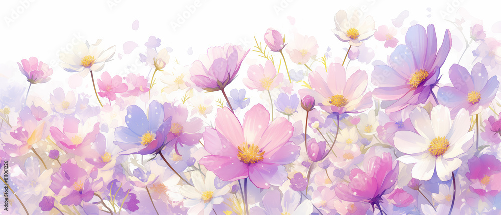 A soft pastel illustration of a field full of cosmos flowers, with petals in shades of pink, purple, blue, yellow and white A soft pastel illustration of a field full of cosmos flowers, with petals in shades of pink, purple, blue, yellow and white