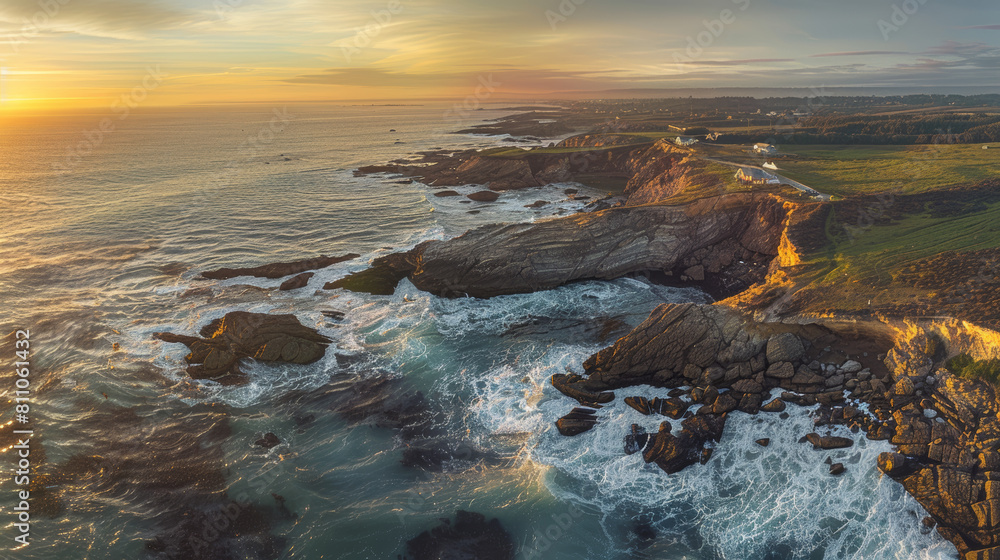 panoramic drone capture of coastal cliffs with the crashing waves of the ocean, sunset casting golden hues panoramic drone capture of coastal cliffs with the crashing waves of the ocean, sunset casting golden hues