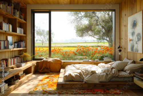 Sleek Bedroom Design with Floral Landscape Views in New Zealand 