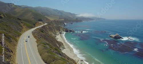 Aerial drone footage of cars on coastal highways with stunning ocean and landscape views