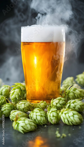 Glass of beer with fresh green hops heads