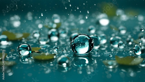 Realistic water droplets on teal color background design wallpaper