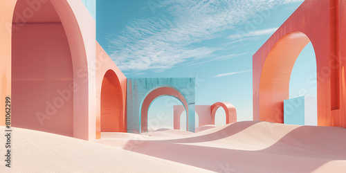 Design surreal arch colorful art architecture landscape on the dessert background,