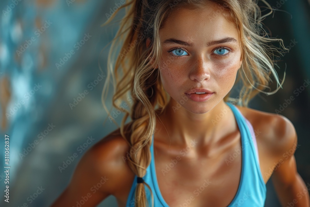 Intensely focused woman with deep blue eyes and blonde hair in a gym, showing determination Intensely focused woman with deep blue eyes and blonde hair in a gym, showing determination