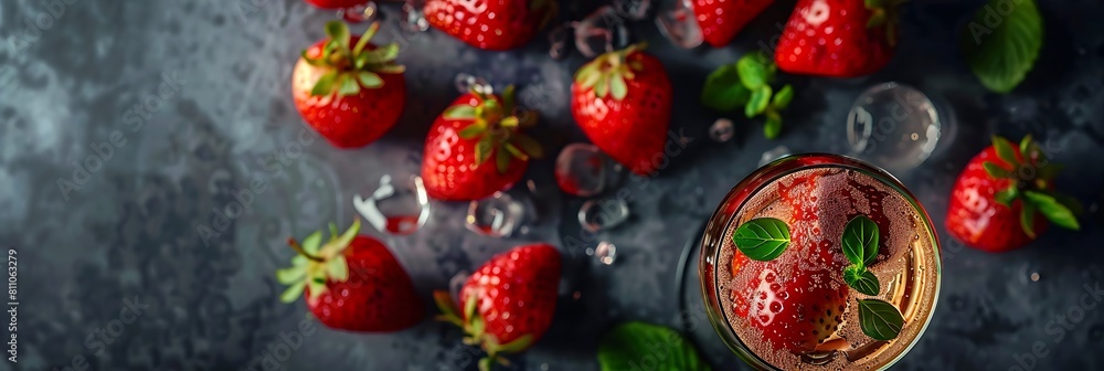 Fresh Champagne with strawberries, realistic food banner, top view with copy space