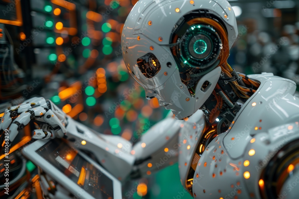 Fototapeta premium An advanced white humanoid robot closely analyzes data on a handheld tablet illuminated by lights
