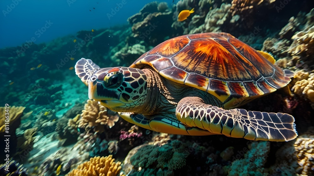 Obraz premium An endangered turtle swimming gracefully through a coral reef, its shell adorned with vibrant hues of red