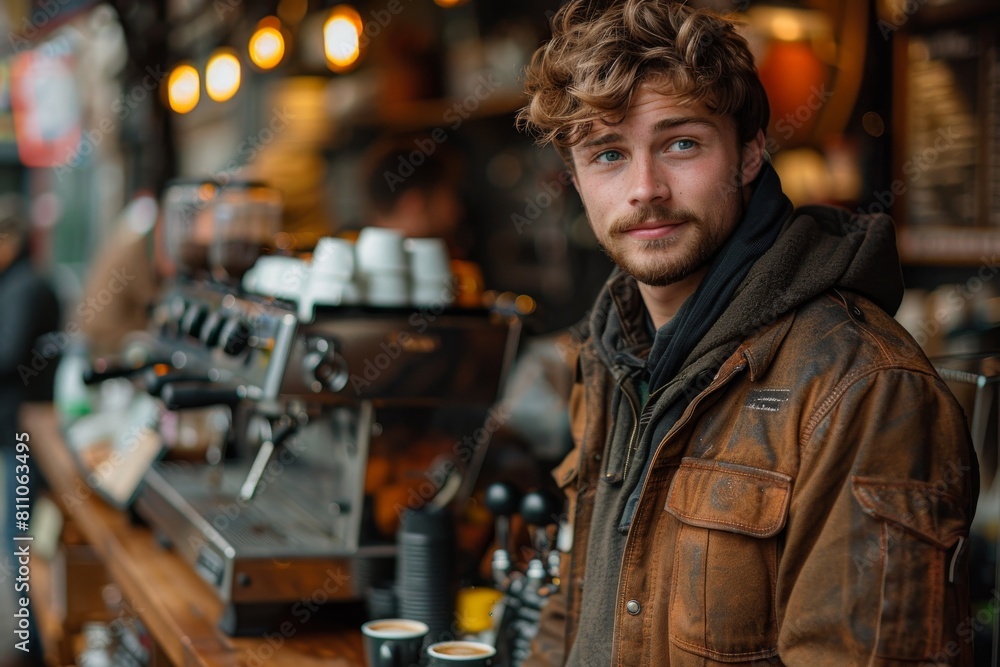 Young barista in casual attire with a light stubble poses in a warmly lit coffee shop, exuding approachability and charm