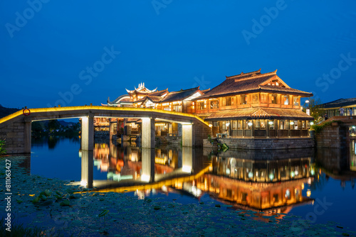 At night, the beautiful ancient town of Lizhuang on the lake, Yibin City, Sichuan Province, China