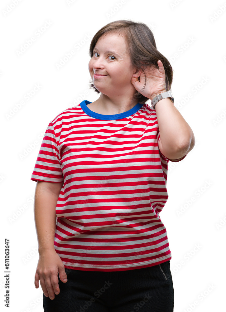 Young adult woman with down syndrome over isolated background smiling with hand over ear listening an hearing to rumor or gossip. Deafness concept. Young adult woman with down syndrome over isolated background smiling with hand over ear listening an hearing to rumor or gossip. Deafness concept.