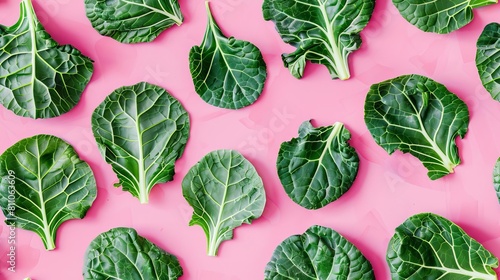 Collard Greens slices and whole, shot from above, making a fun pattern on a bright pastel color background, magazine cover photo