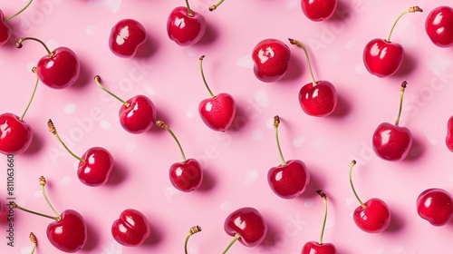 Cherry slices and whole, shot from above, making a fun pattern on a bright pastel color background, magazine cover photo