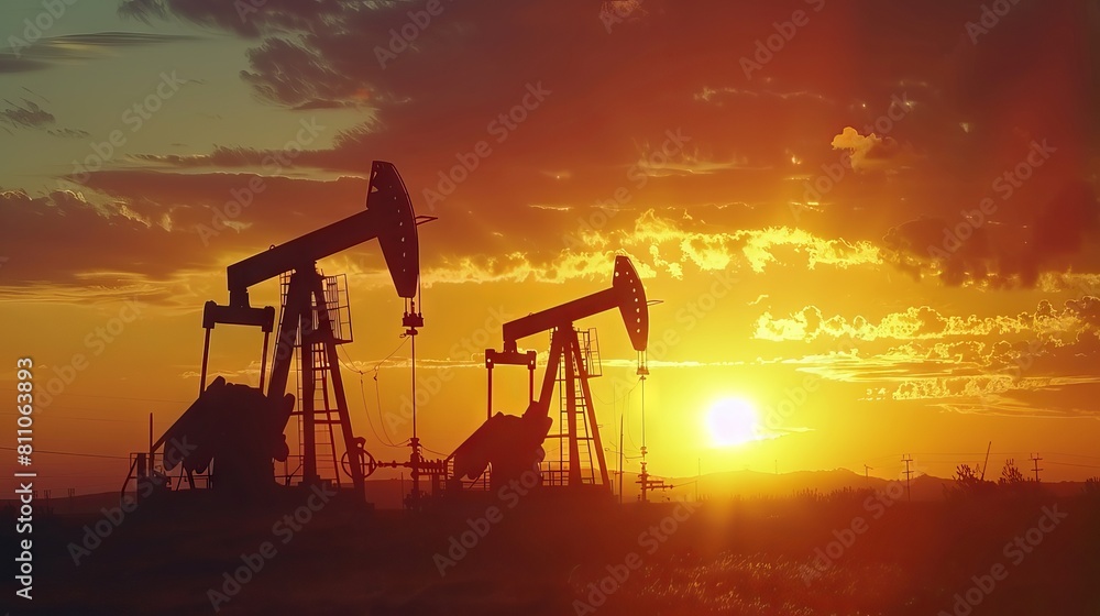 Working Pumpjacks On Sunrise. Silhouette of oil pump jack on rig. Oil drilling company growth. Financial and commodity markets. Ai generative. 