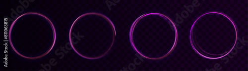 Glowing round PNG frame made of bright flowers on a transparent background with a neon lighting effect. Vector 10 EPS