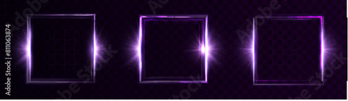 Bright light frame with special lighting effects. Beautiful purple light frame effect on transparent background for vector illustration.