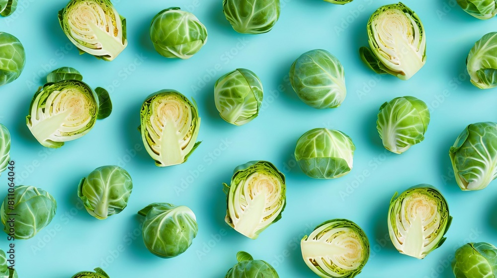 Brussels Sprouts slices and whole, shot from above, making a fun pattern on a bright pastel color background, magazine cover photo Brussels Sprouts slices and whole, shot from above, making a fun pattern on a bright pastel color background, magazine cover photo