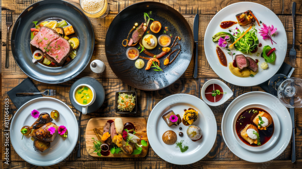 Overhead shot of a complete set course meal on an elegant wooden table in a premium restaurant, showcasing the variety and elegance of the food presentation Overhead shot of a complete set course meal on an elegant wooden table in a premium restaurant, showcasing the variety and elegance of the food presentation