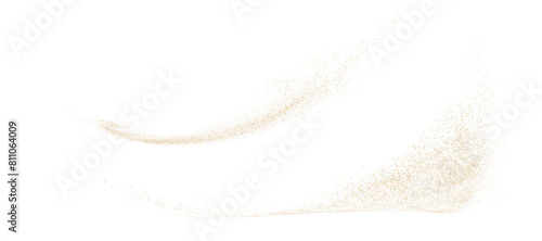 Gold aerosol fine particles effect, gold dust fine particles explosion, gold confetti glitter on white background, VIP design template. Vector